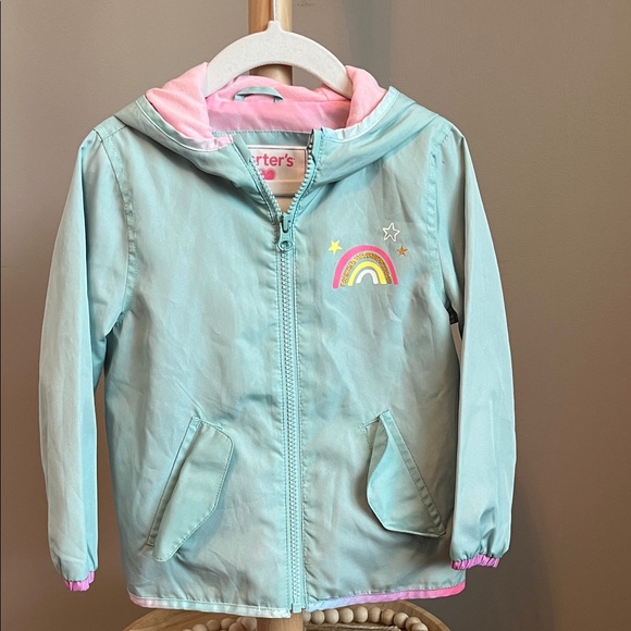 Carter's Aqua & Pink Toddler Girls Hooded Rain Jacket with Rainbow and Stars 2T - Picture 1 of 9